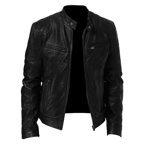 Men's Faux Leather Motorcycle Jacket with Stand Collar