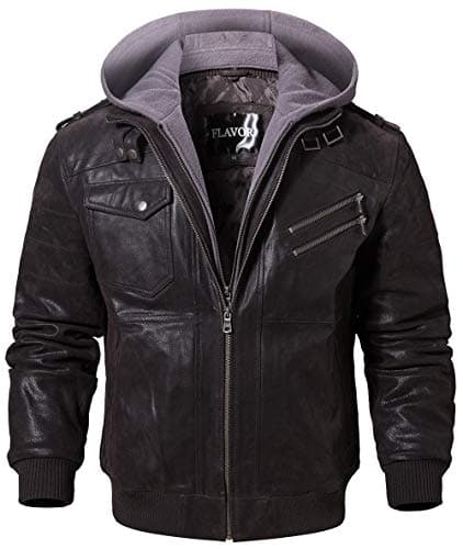 Men's Brown Leather Motorcycle Jacket with Removable Hood