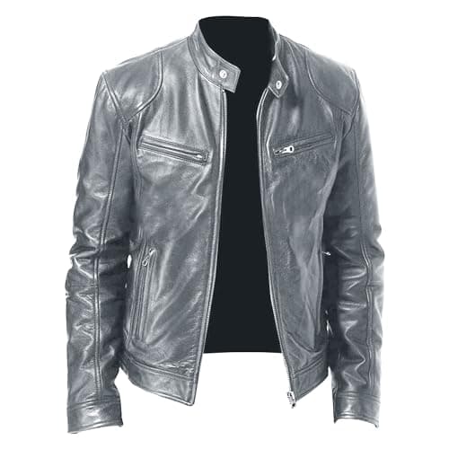 Men's Faux Leather Motorcycle Jacket with Stand Collar