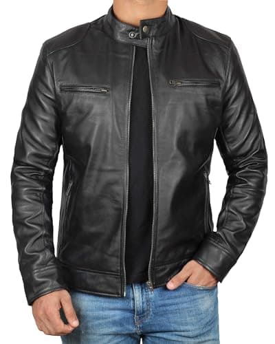 Decrum Mens Cafe Racer Style Real Lambskin Leather Jacket