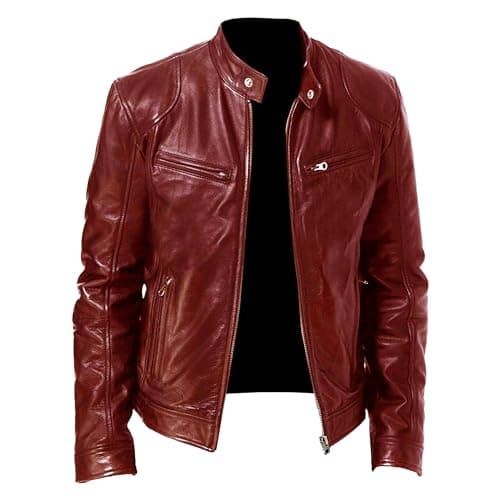 Men's Faux Leather Motorcycle Jacket with Stand Collar