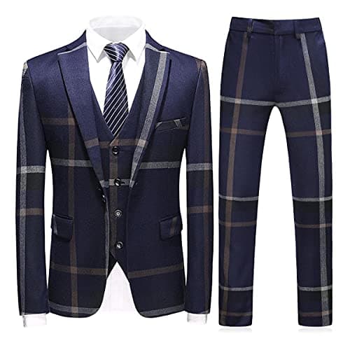 KUDORO Mens Check Plaid 3Piece Formal Suit Tuxedo Set