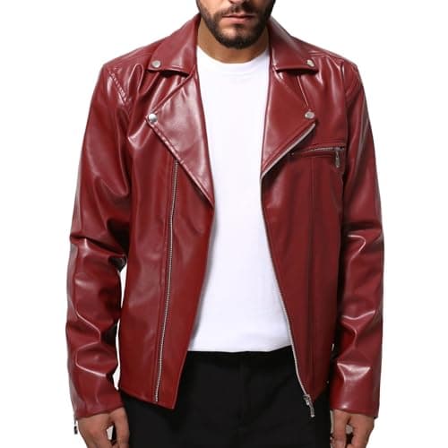 Men's Faux Leather Zip Up Motorcycle Jacket for Fall