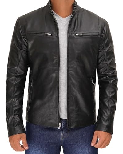 Decrum Mens Cafe Racer Style Real Lambskin Leather Jacket
