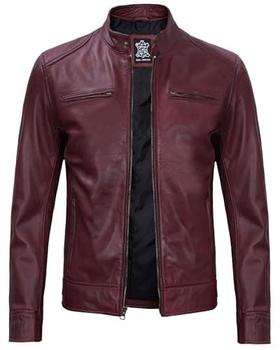 Decrum Mens Cafe Racer Style Real Lambskin Leather Jacket