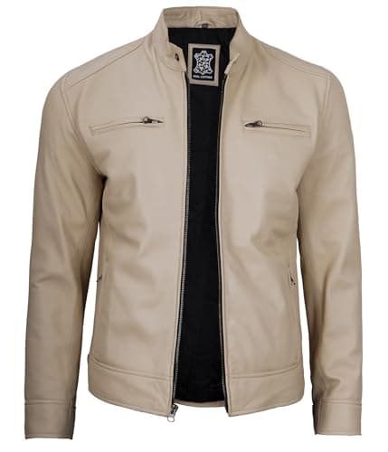 Decrum Mens Cafe Racer Style Real Lambskin Leather Jacket