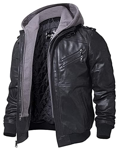 Men's Brown Leather Motorcycle Jacket with Removable Hood