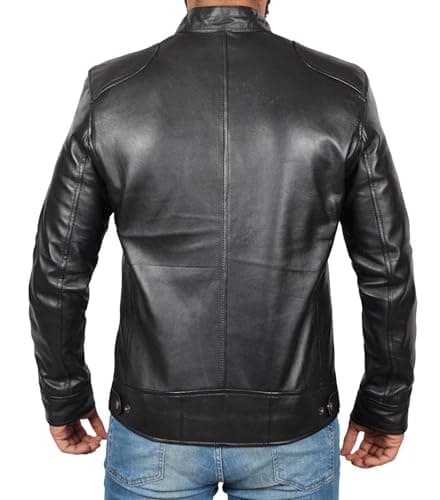 Decrum Mens Cafe Racer Style Real Lambskin Leather Jacket