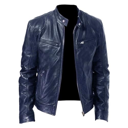 Men's Faux Leather Motorcycle Jacket with Stand Collar