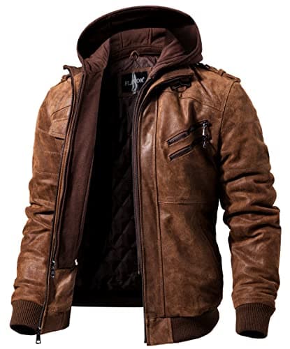Men's Brown Leather Motorcycle Jacket with Removable Hood