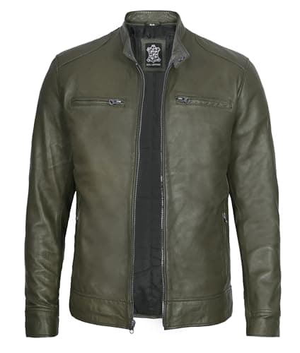 Decrum Mens Cafe Racer Style Real Lambskin Leather Jacket