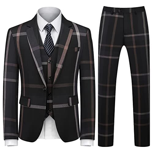 KUDORO Mens Check Plaid 3Piece Formal Suit Tuxedo Set