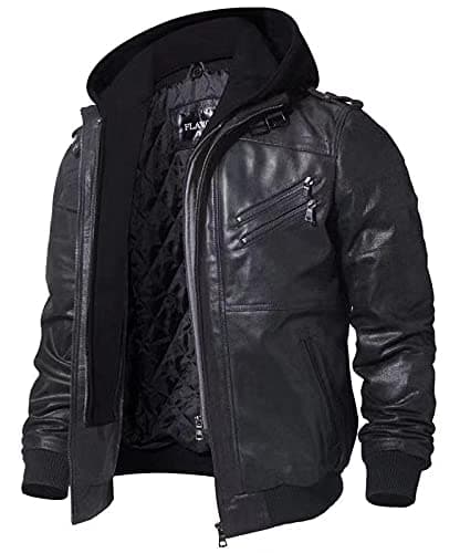 Men's Brown Leather Motorcycle Jacket with Removable Hood
