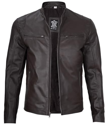 Decrum Mens Cafe Racer Style Real Lambskin Leather Jacket