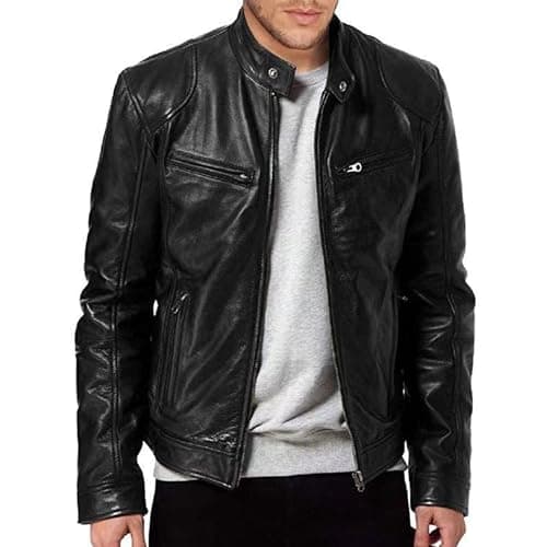 Men's Faux Leather Motorcycle Jacket with Stand Collar