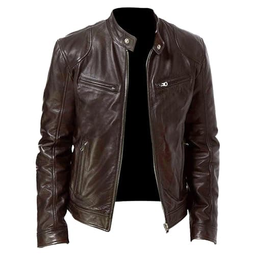 Men's Faux Leather Motorcycle Jacket with Stand Collar