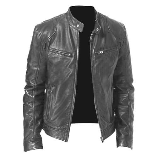 Men's Faux Leather Motorcycle Jacket with Stand Collar