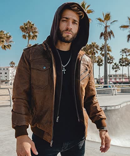 Men's Brown Leather Motorcycle Jacket with Removable Hood