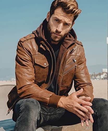 Men's Brown Leather Motorcycle Jacket with Removable Hood