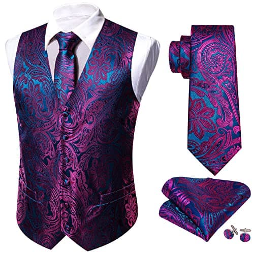 Barry.Wang Men's Paisley Silk Suit Vest Set with Ties 5PCS Formal/Leisure
