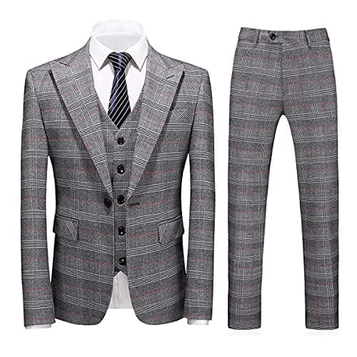 KUDORO Mens Check Plaid 3Piece Formal Suit Tuxedo Set