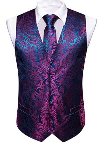 Barry.Wang Men's Paisley Silk Suit Vest Set with Ties 5PCS Formal/Leisure