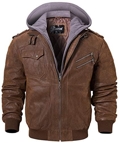 Men's Brown Leather Motorcycle Jacket with Removable Hood