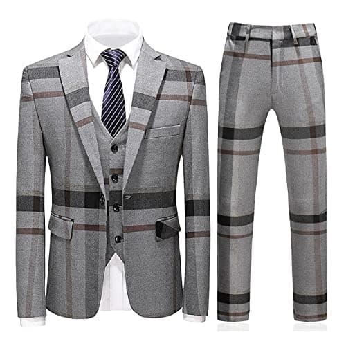KUDORO Mens Check Plaid 3Piece Formal Suit Tuxedo Set