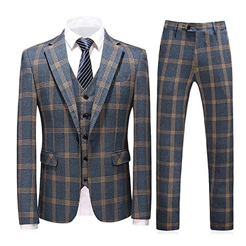KUDORO Mens Check Plaid 3Piece Formal Suit Tuxedo Set