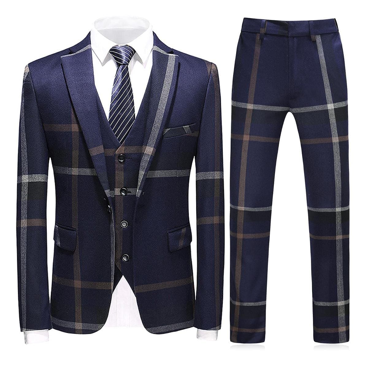 KUDORO Mens Check Plaid 3Piece Formal Suit Tuxedo Set