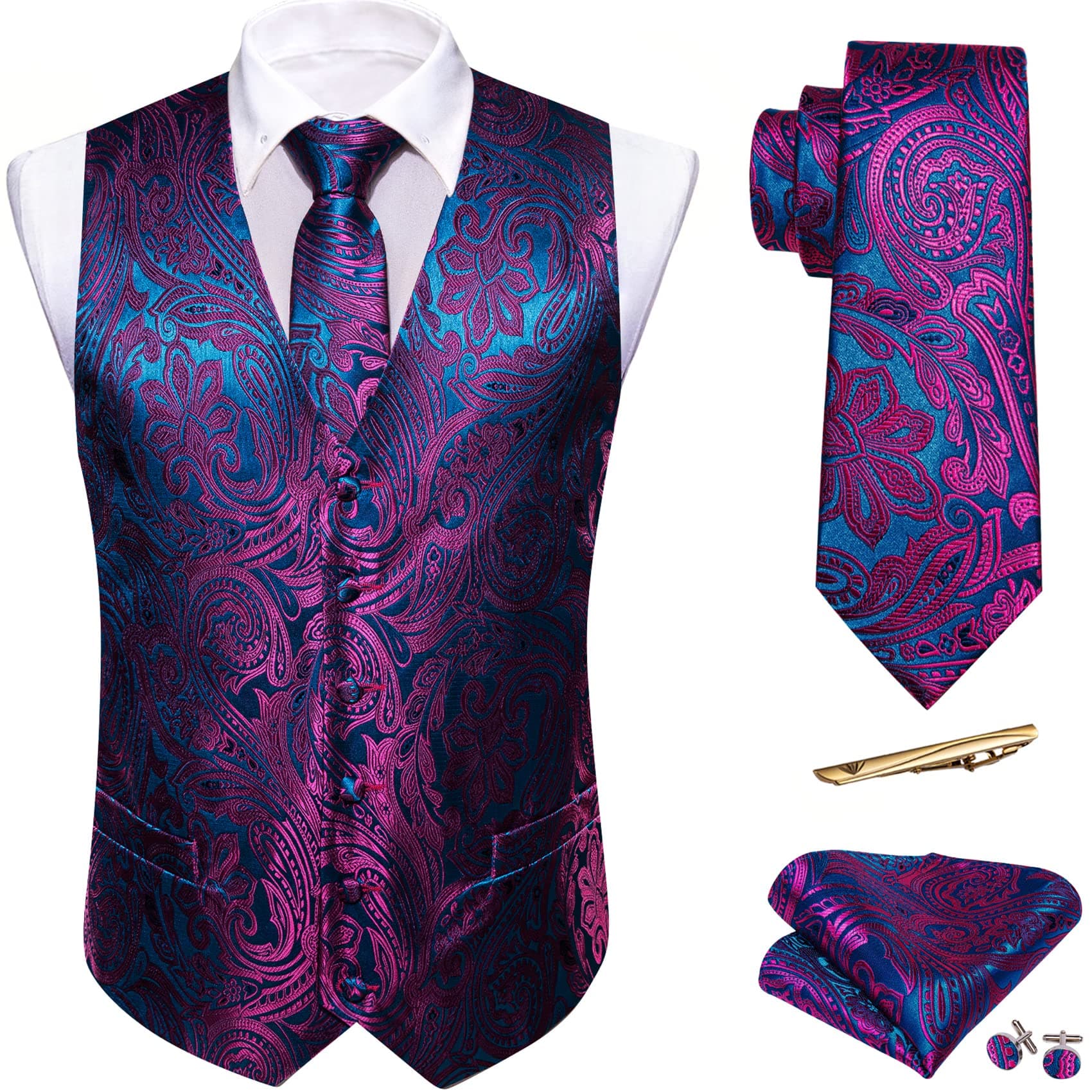 Barry.Wang Men's Paisley Silk Suit Vest Set with Ties 5PCS Formal/Leisure