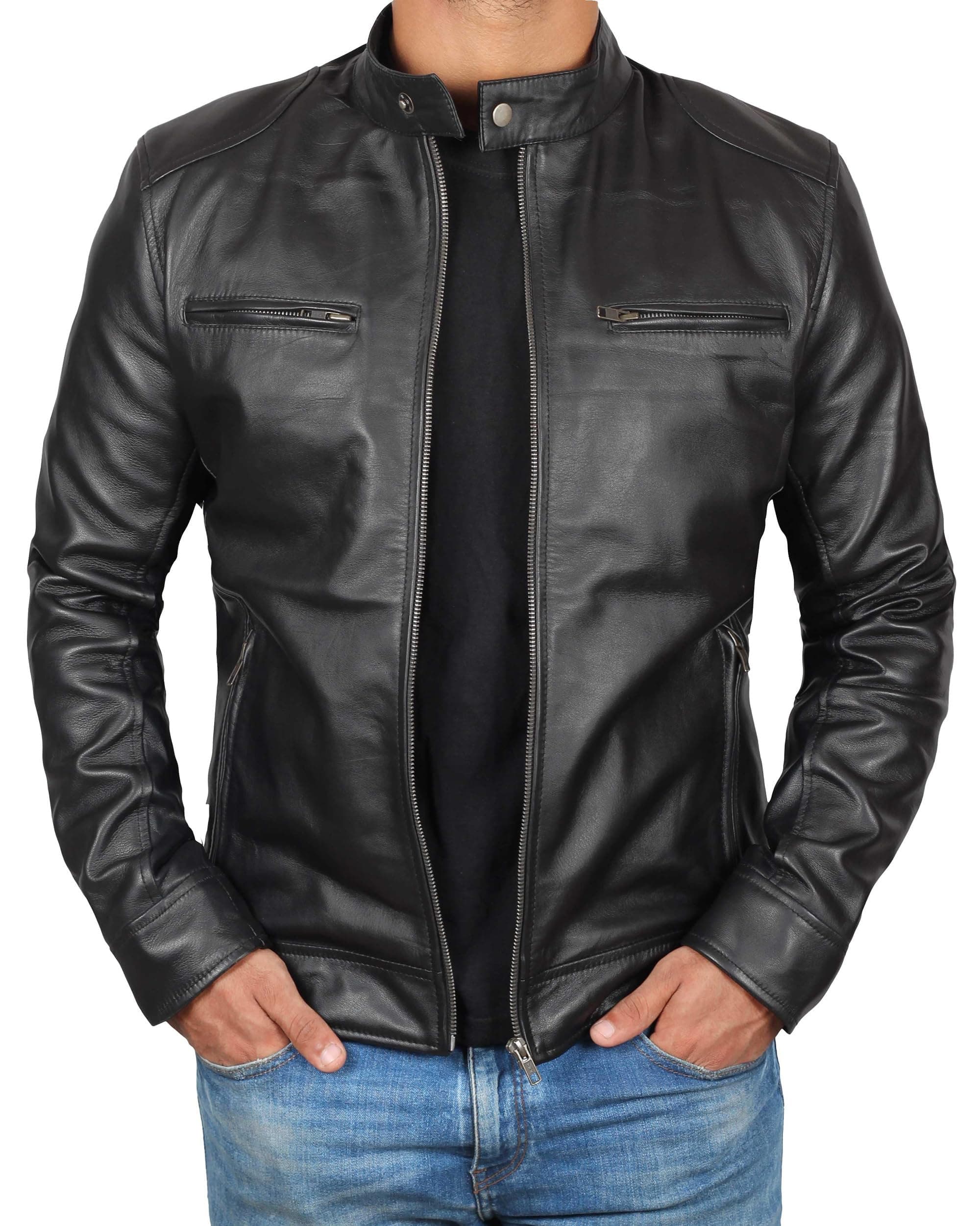 Decrum Mens Cafe Racer Style Real Lambskin Leather Jacket